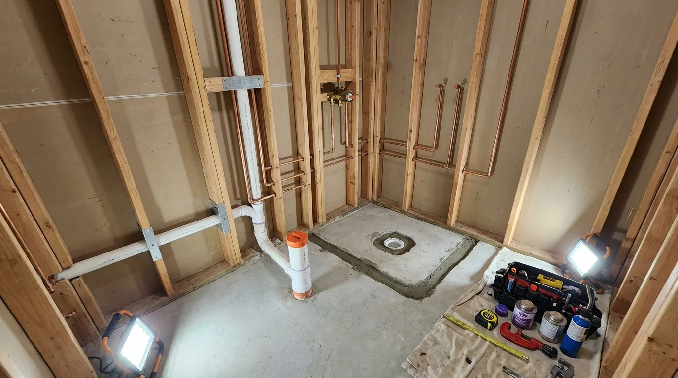 Bathroom rough-in plumbing during remodel by Johns Plumbing LLC in Crab Orchard