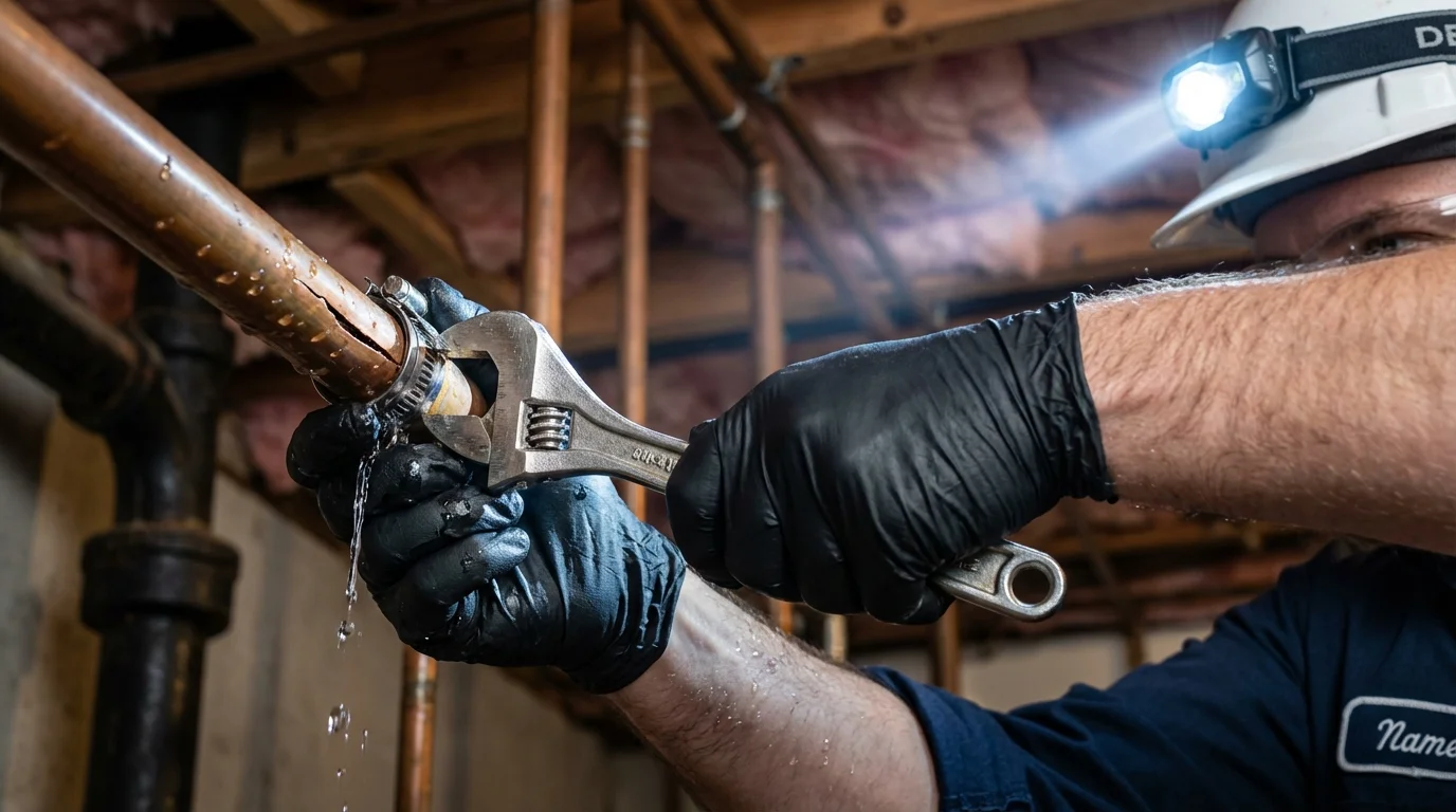 Emergency pipe clamp repair being performed by a Johns Plumbing LLC plumber in Crab Orchard