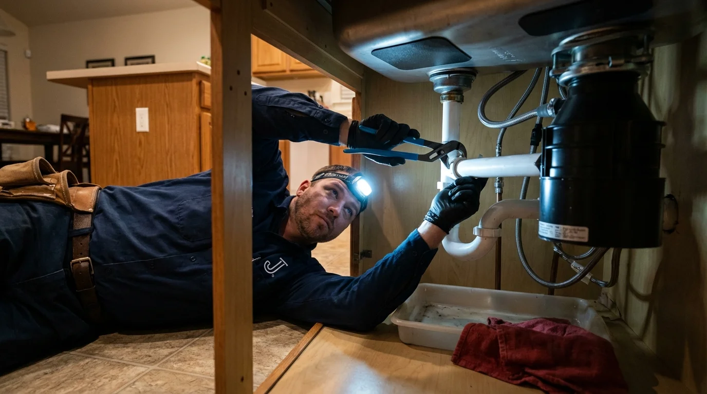 P-trap and supply line connections under a kitchen sink showing a common leak point in Crab Orchard, WV